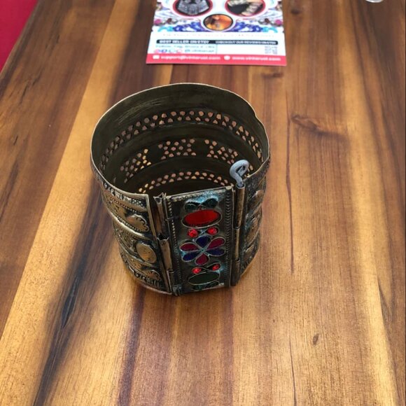 Single Kuchi Afghan Cuff, Tribal Vintage Glass Stone Boho Handcuff Bracelet, - Picture 6 of 8